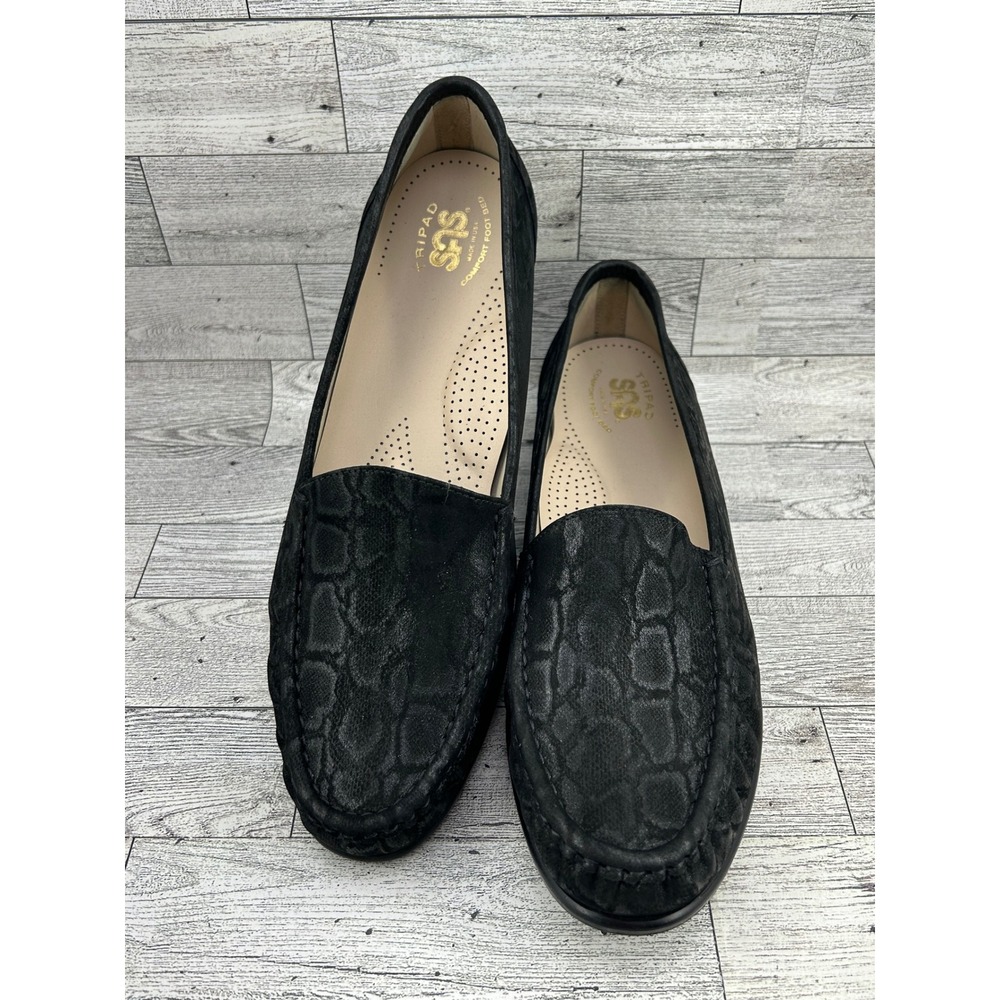 SAS Siesta Comfort Loafers Black Embossed Leather Slip On Shoes Womens
